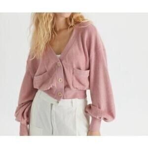Urban Outfitters Pink Terry Knit Cropped Cardigan Balloon Sleeve Pockets XS